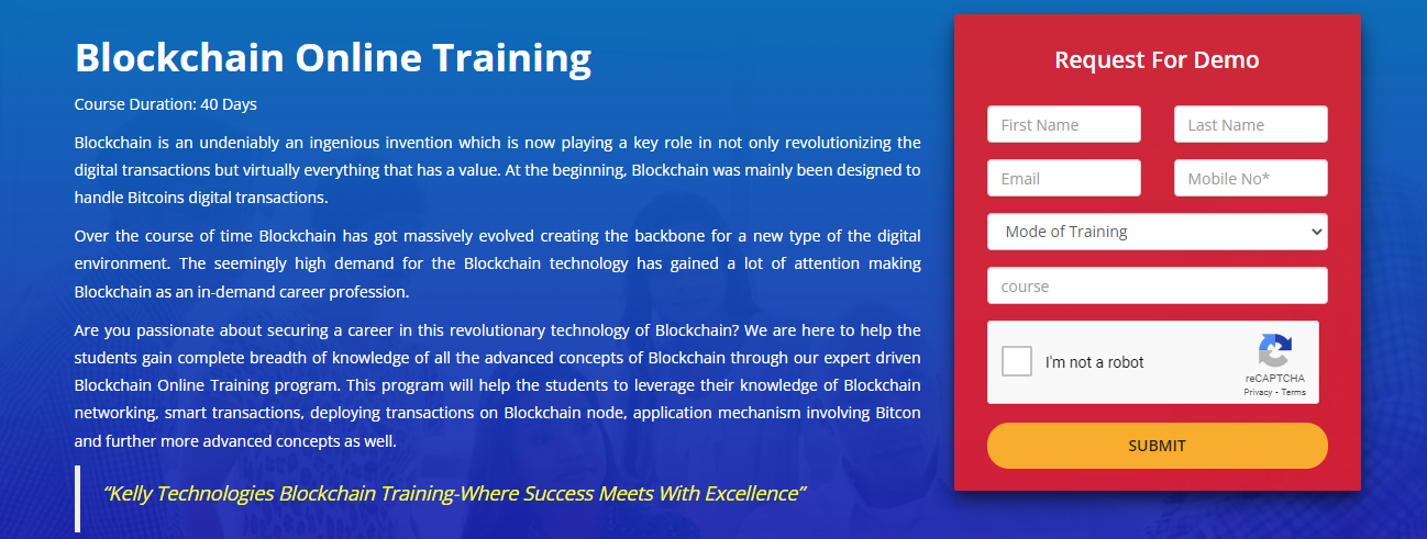 Blockchain courses in India by Kelly Technologies